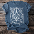 Dark blue t-shirt with mystical fortune teller, crystal ball, tarot cards, and cat design.