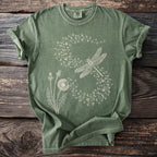 Olive green t-shirt with a white graphic of dandelions and a dragonfly.