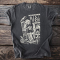 Graphic of witch knitting by fireplace with cat, raven, and herbs.