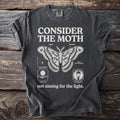 T-shirt with "CONSIDER THE MOTH" text and moth illustration with descriptive labels.