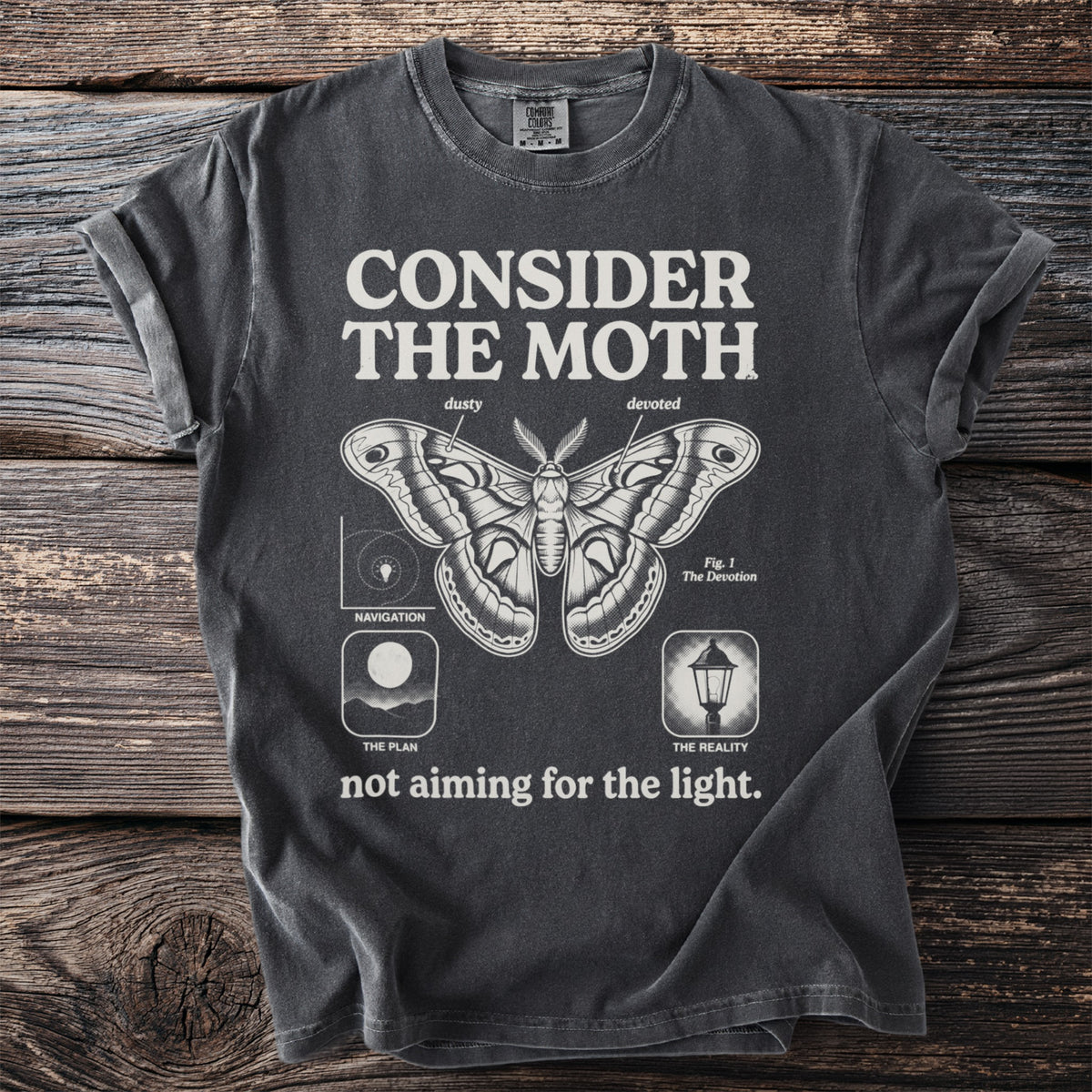 T-shirt with "CONSIDER THE MOTH" text and moth illustration with descriptive labels.