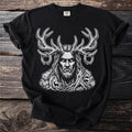 Black t-shirt with a white graphic of a man with antlers and roots, featuring deer and boar imagery.