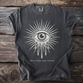 Charcoal t-shirt with dripping eye graphic and text "THE STARS ARE RIGHT".