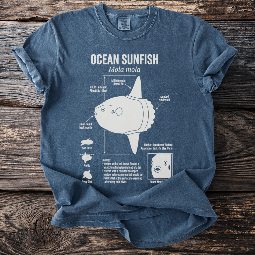 Blue t-shirt with diagram of ocean sunfish and its biological features.