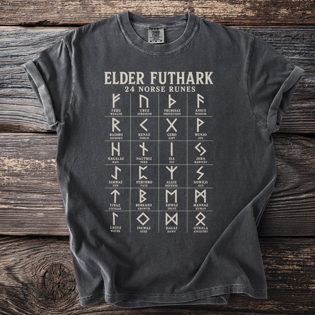 Dark grey t-shirt displaying Elder Futhark chart of 24 Norse runes and their meanings.