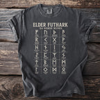Dark grey t-shirt displaying Elder Futhark chart of 24 Norse runes and their meanings.