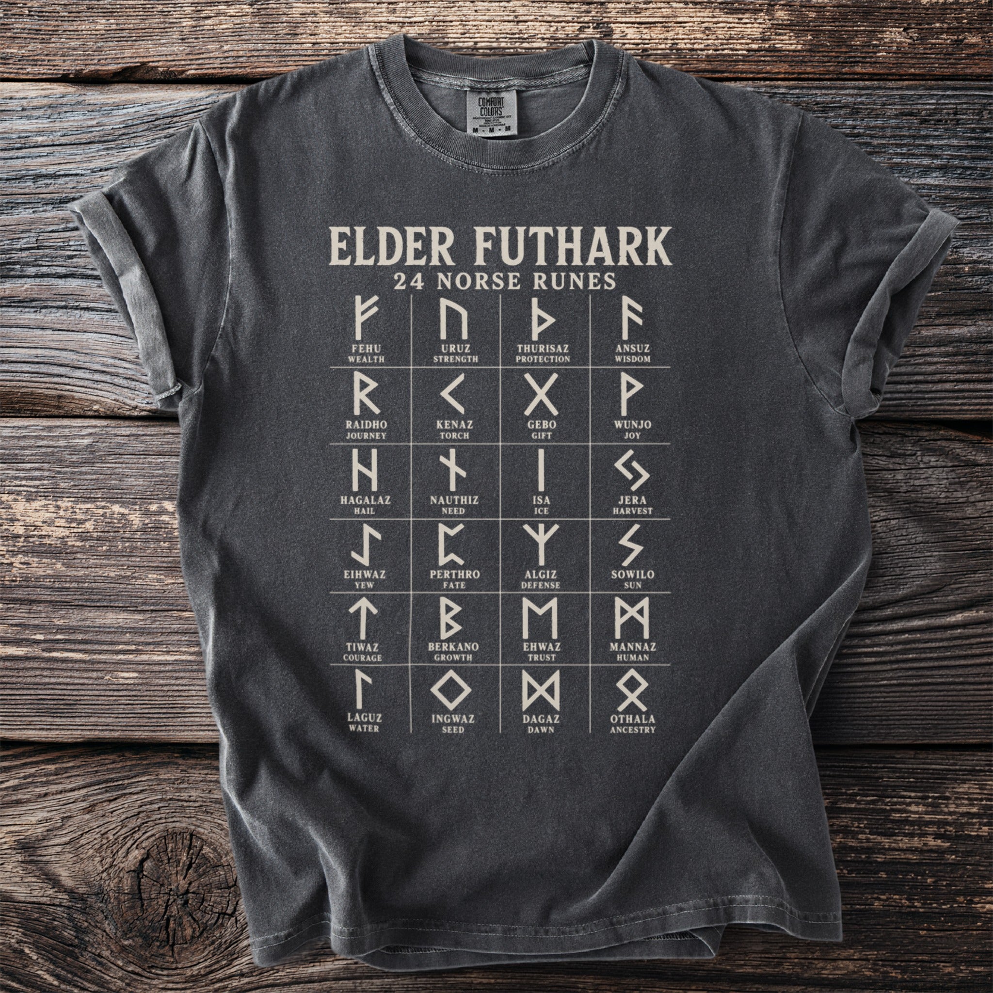 Dark grey t-shirt displaying Elder Futhark chart of 24 Norse runes and their meanings.