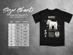 Mandrill t-shirt size chart with a scientific illustration and animal facts.