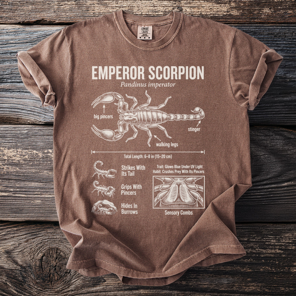 Brown t-shirt with diagram of emperor scorpion and its features.