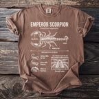Brown t-shirt with diagram of emperor scorpion and its features.