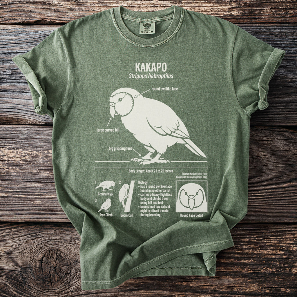 Green t-shirt with Kakapo parrot illustration and biology facts.