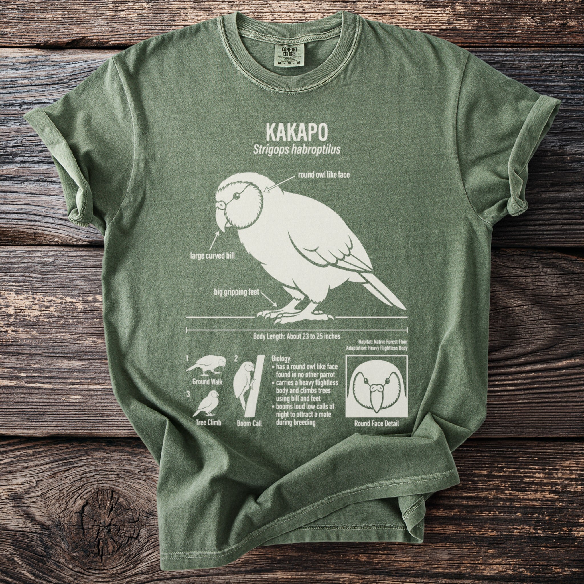 Green t-shirt with Kakapo parrot illustration and biology facts.