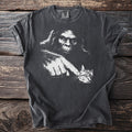 Bigfoot boops a tabby cat on the nose on a charcoal gray t-shirt.