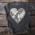 Dark gray t-shirt with white graphic of two birds facing each other within a heart shape.