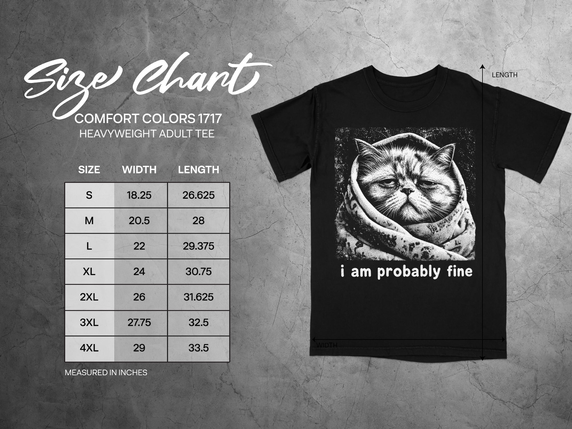 Black t-shirt with cat graphic and "i am probably fine" text, shown with size chart.
