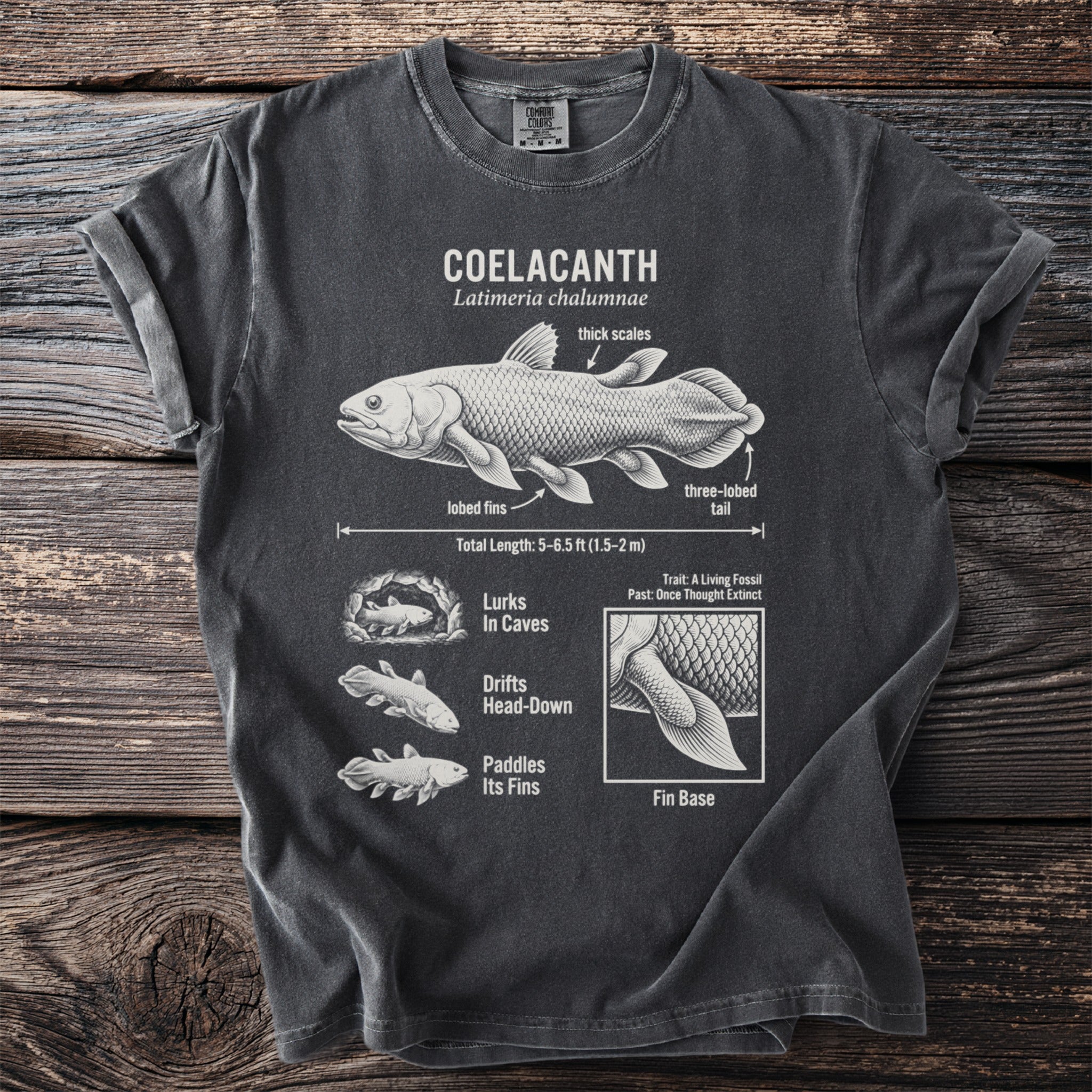 T-shirt with diagram of a coelacanth fish, its features, and behaviors.