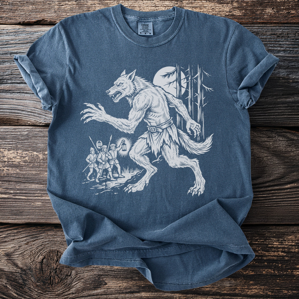 Werewolf roaring at hunters carrying lantern and spears in moonlit forest.