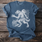 Werewolf roaring at hunters carrying lantern and spears in moonlit forest.
