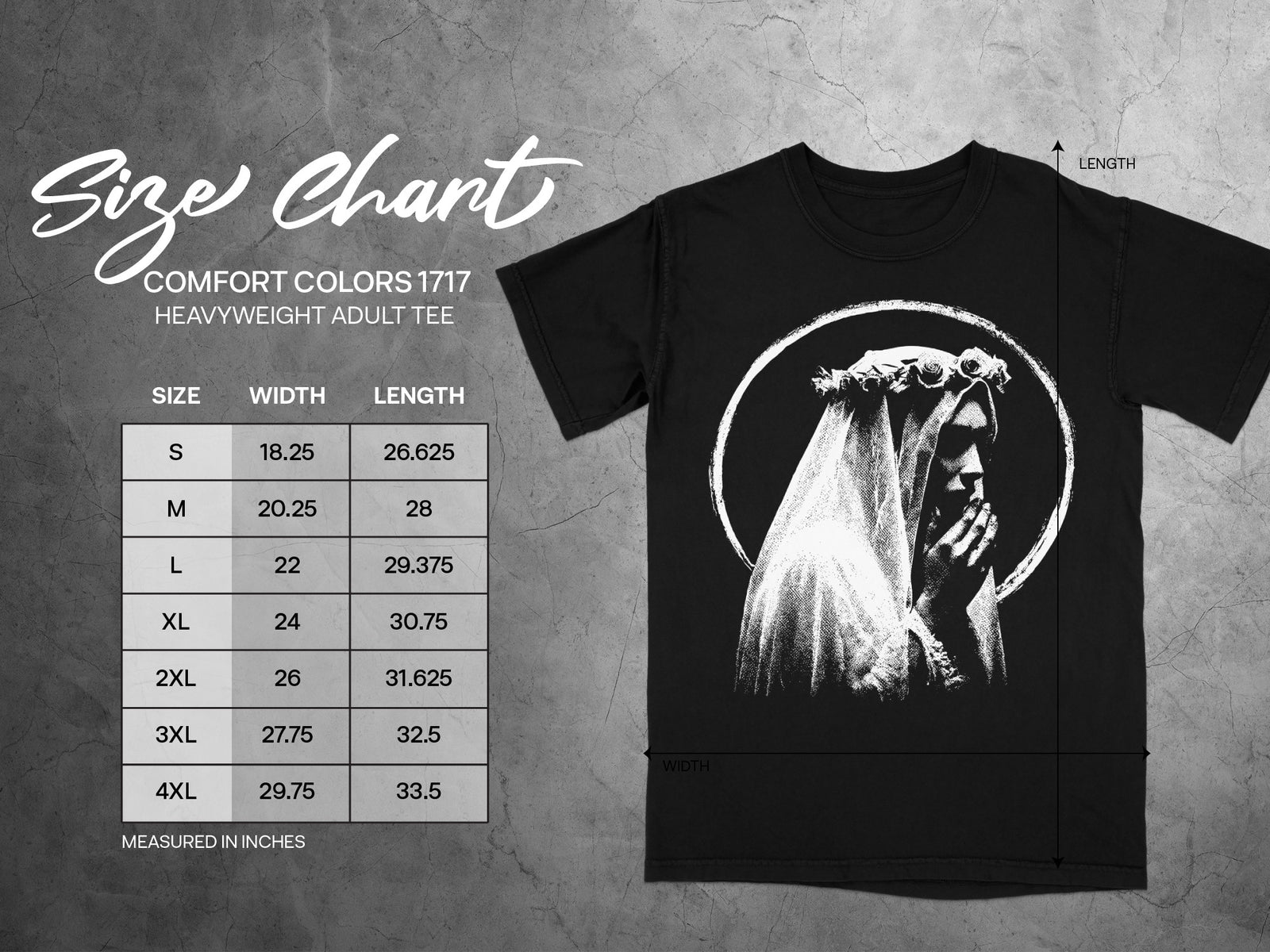 Comfort Colors 1717 heavyweight adult tee size chart with width and length measurements.