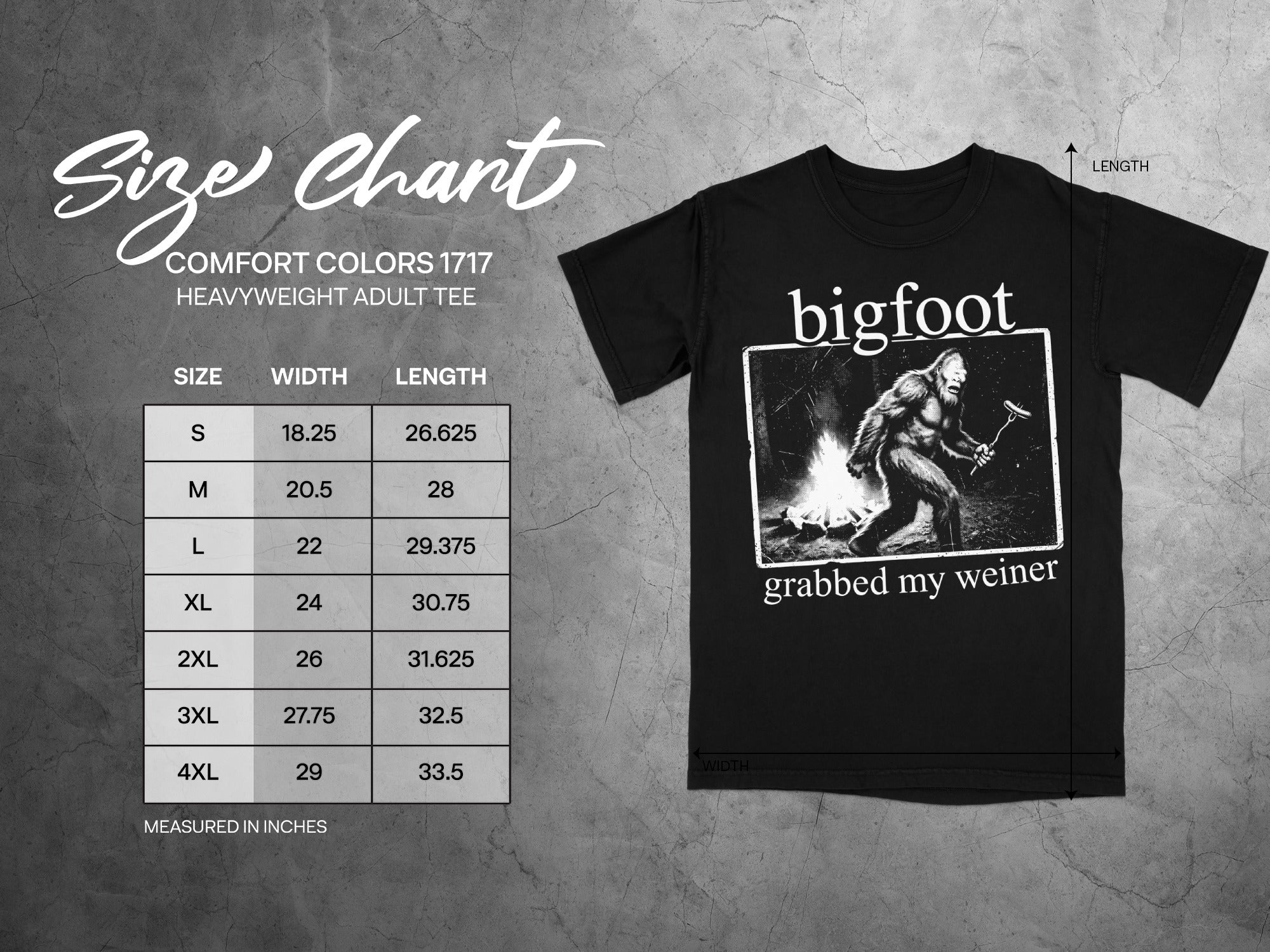 Comfort Colors 1717 garment size chart in inches.