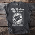 T-shirt graphic: Headless Horseman on horseback with pumpkin, autumn text.
