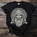 Black t-shirt with a white line art graphic of a bearded man wearing a beanie.