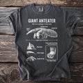 Giant anteater scientific illustration with labeled features on a dark t-shirt.