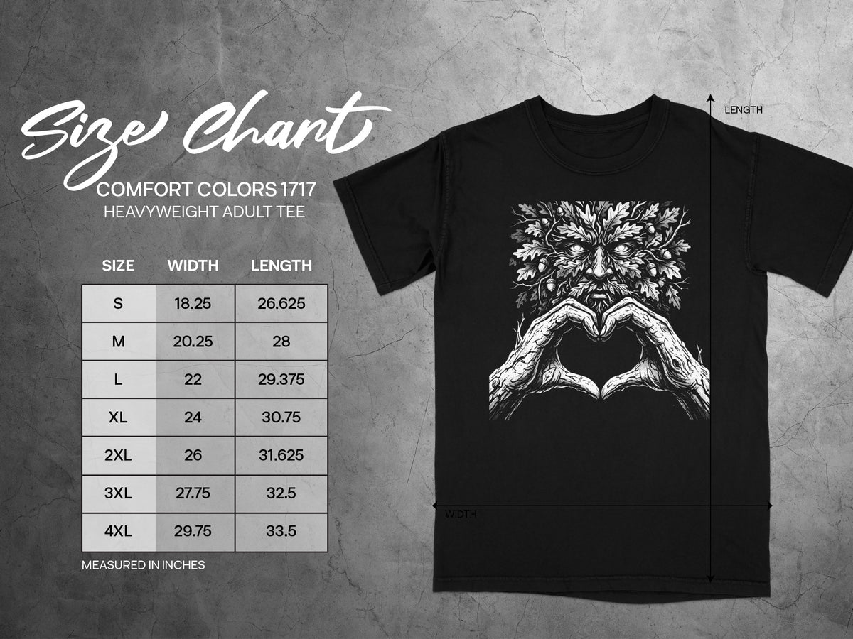 Comfort Colors 1717 heavyweight adult tee size chart with width and length measurements in inches.
