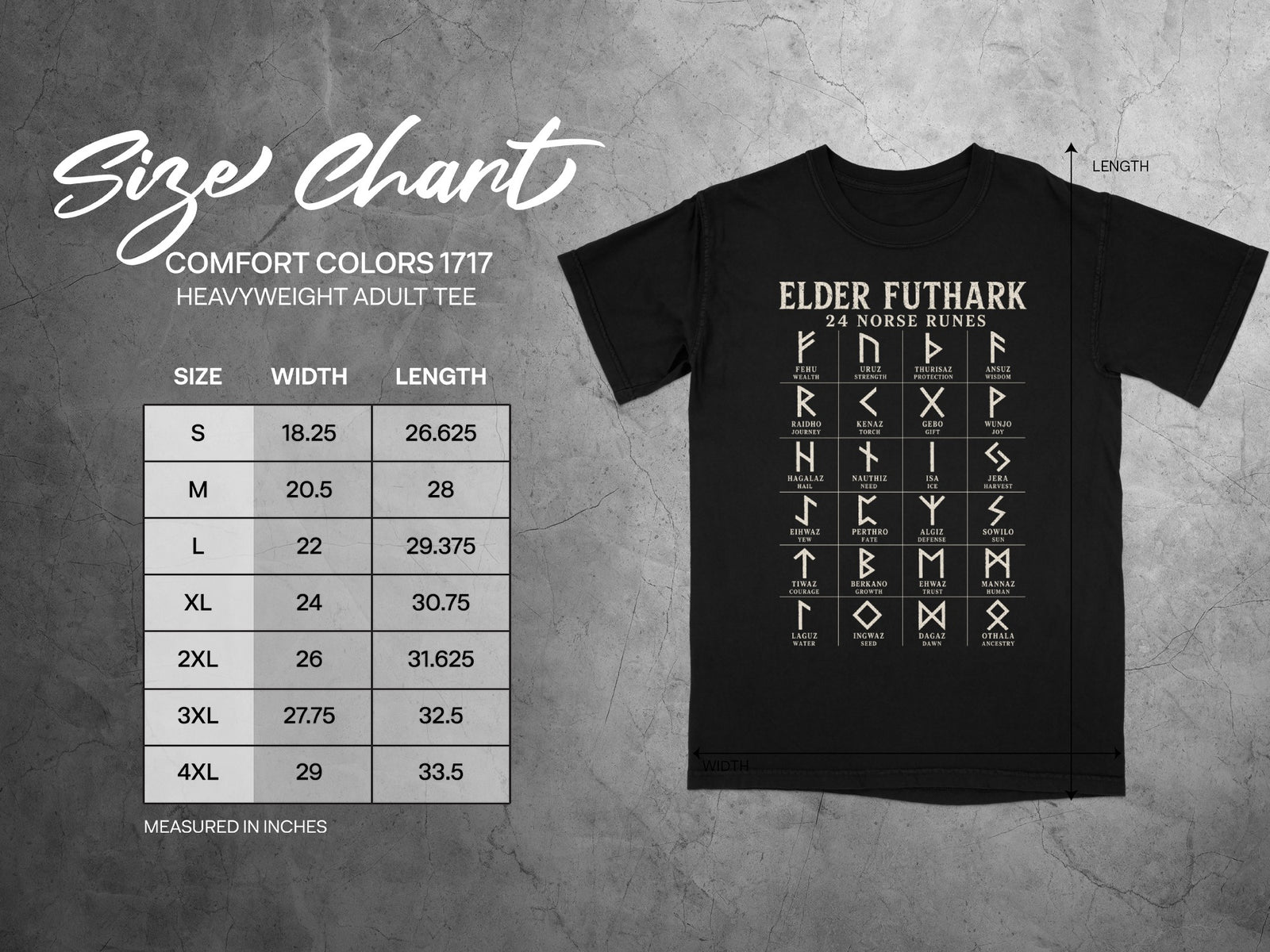 Elder Futhark 24 Norse Runes Elder Futhark 24 Norse Runes on black t-shirt with size chart.