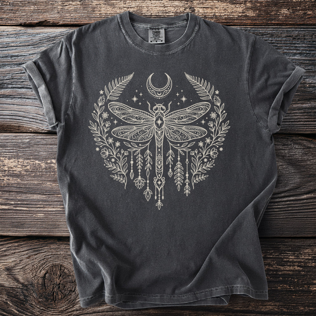 Charcoal t-shirt with a cream dragonfly and floral moon design.