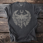 Charcoal t-shirt with a cream dragonfly and floral moon design.