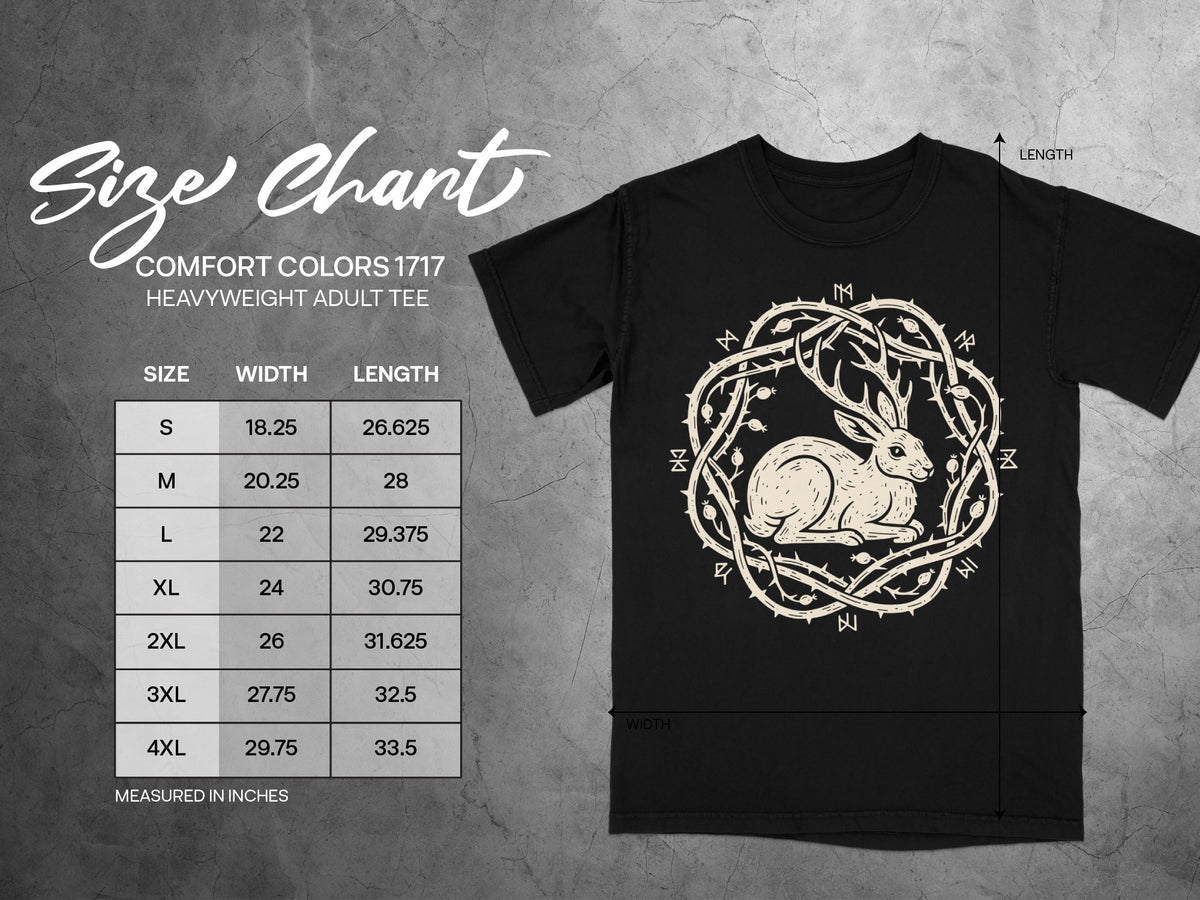 Comfort Colors 1717 size chart for heavyweight adult tees, featuring a rabbit design.
