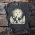 Dark t-shirt with a cream linocut style graphic of a deer-headed creature.