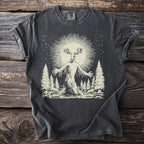 Dark t-shirt with a cream linocut style graphic of a deer-headed creature.