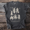 Dark t-shirt with cream-colored line art of Celtic gods and text.