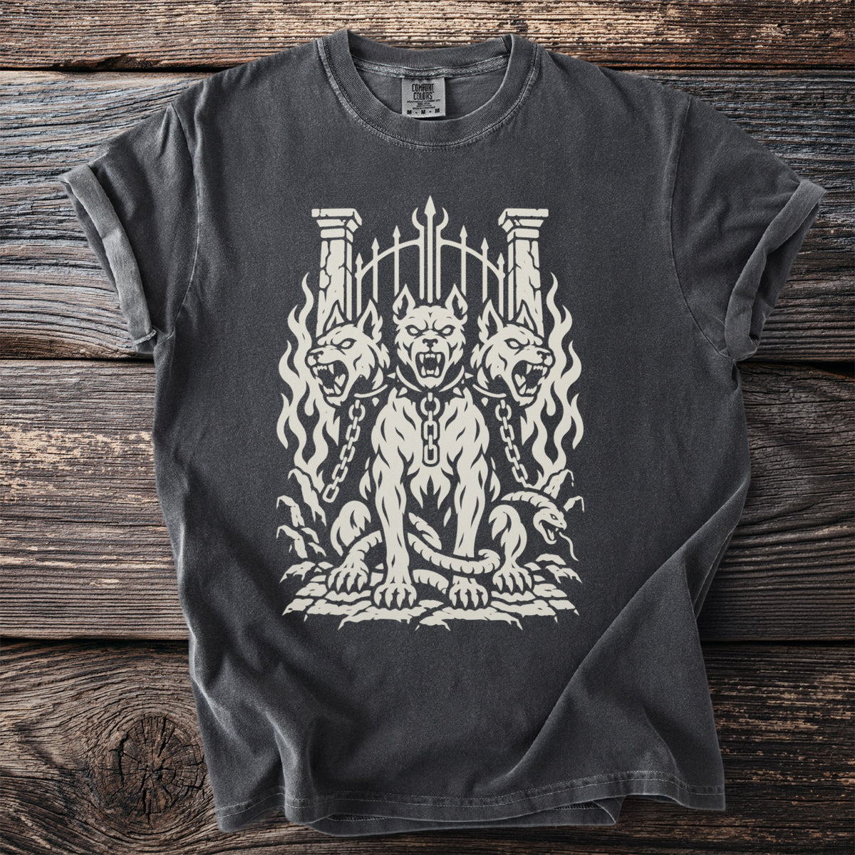 Dark gray t-shirt with a white graphic of a three-headed dog and a snake.