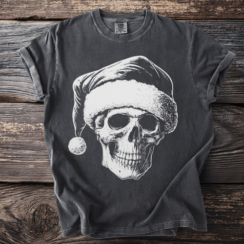 Dark gray t-shirt with white skull graphic wearing a Santa hat.