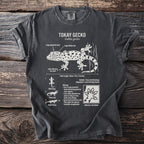 Tokay gecko diagram on charcoal t-shirt detailing anatomy and biology.