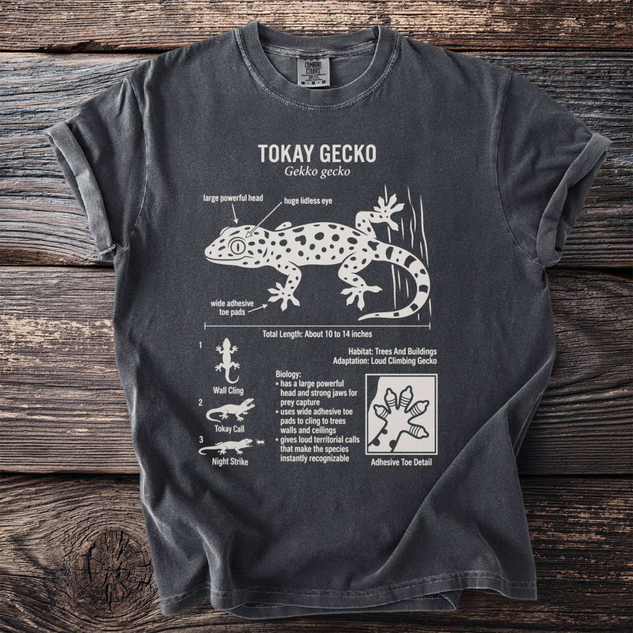 Tokay gecko diagram on charcoal t-shirt detailing anatomy and biology.