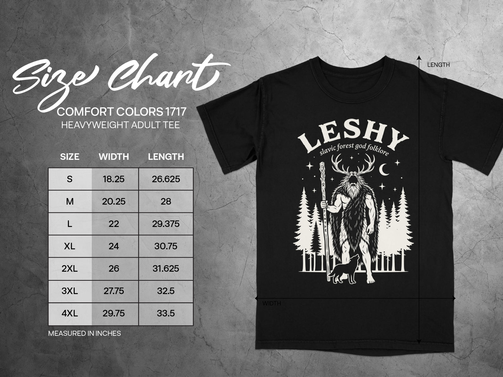 Black t-shirt with Leshy graphic. Size chart shows measurements in inches for sizes S-4XL.