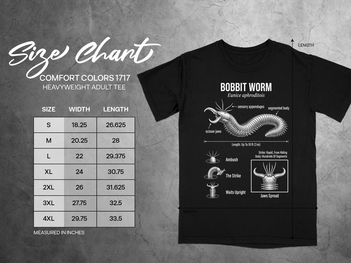 Size chart for Comfort Colors 1717 heavyweight adult tee with Bobbit worm graphic.