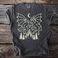 Dark gray t-shirt with cream graphic of mythical creatures, moon, fire, and trees.