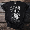 Black t-shirt with white graphic of "STAR" and a woman pouring water from a jug.