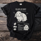 Black t-shirt with diagram of Holland Lop Rabbit's anatomy and behaviors.