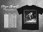 Black t-shirt size chart with graphic of a werewolf and text "the evidence has teeth".