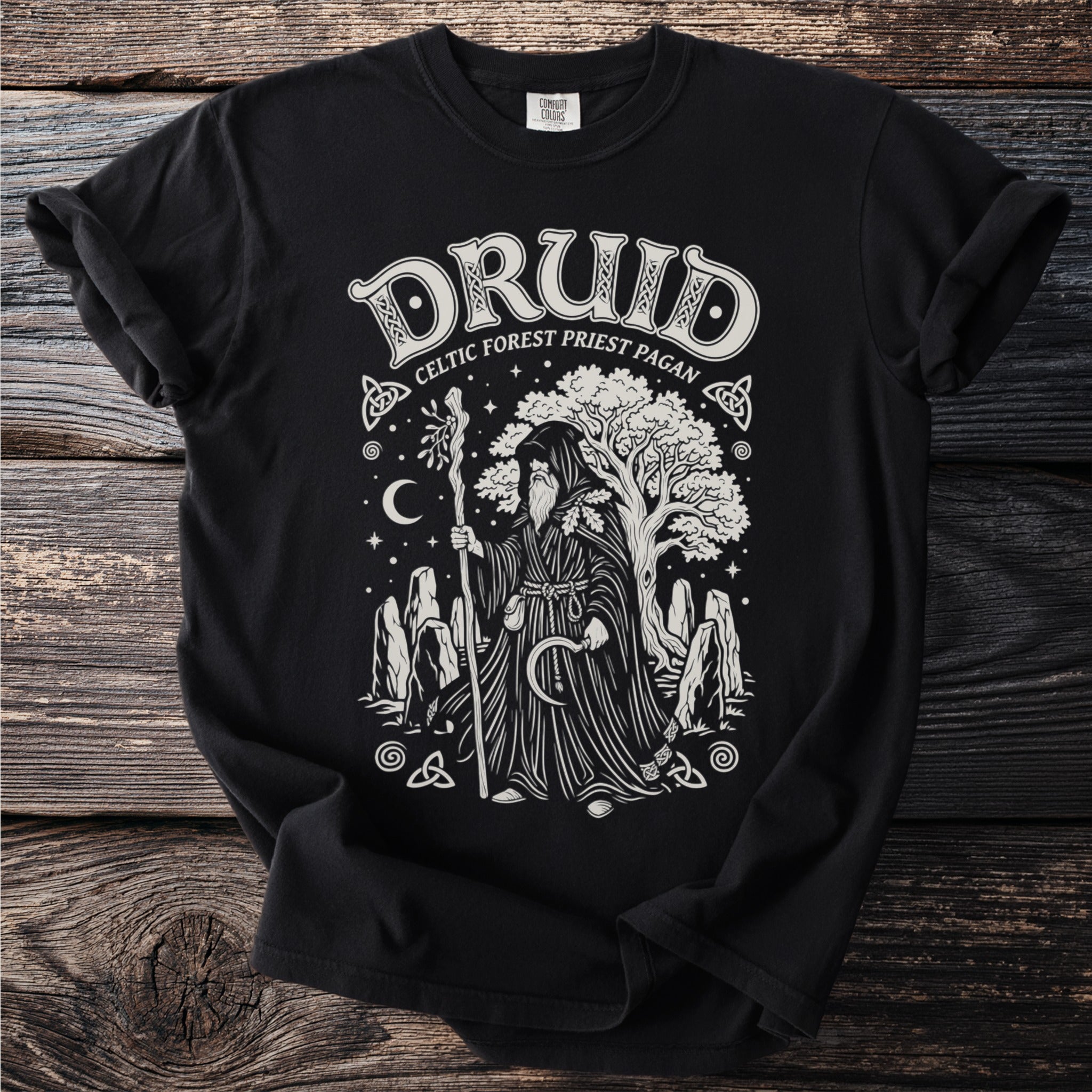Black t-shirt with "Druid Celtic Forest Priest Pagan" text and a druid illustration.