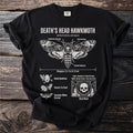 Black t-shirt with a death's head hawkmoth diagram featuring labeled parts and information.