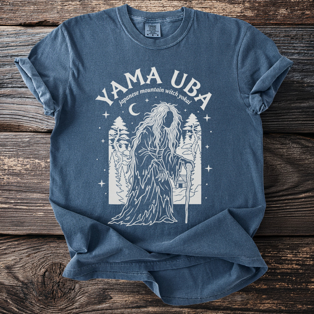 Blue t-shirt with white graphic of Yama Uba, Japanese mountain witch yokai.