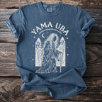 Blue t-shirt with white graphic of Yama Uba, Japanese mountain witch yokai.