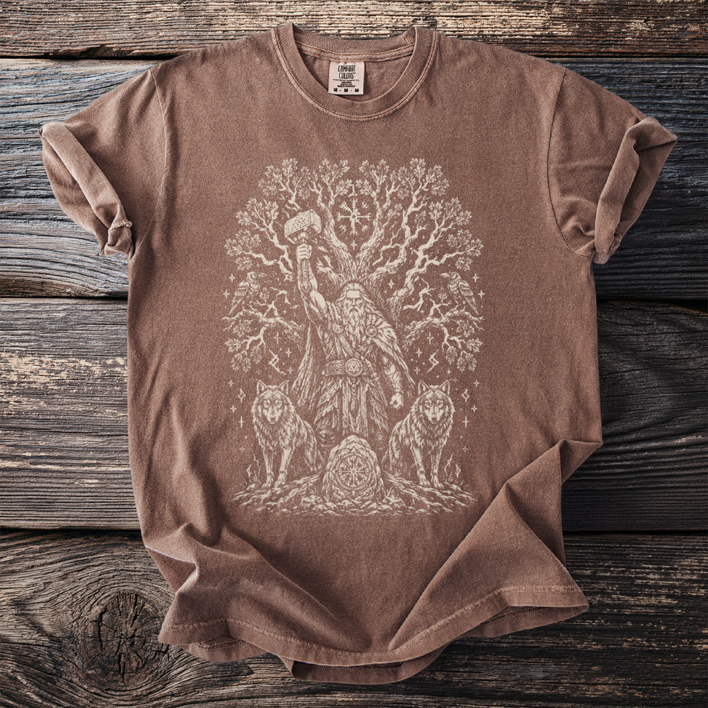 Brown t-shirt with white Thor, wolves, and Yggdrasil tree print.